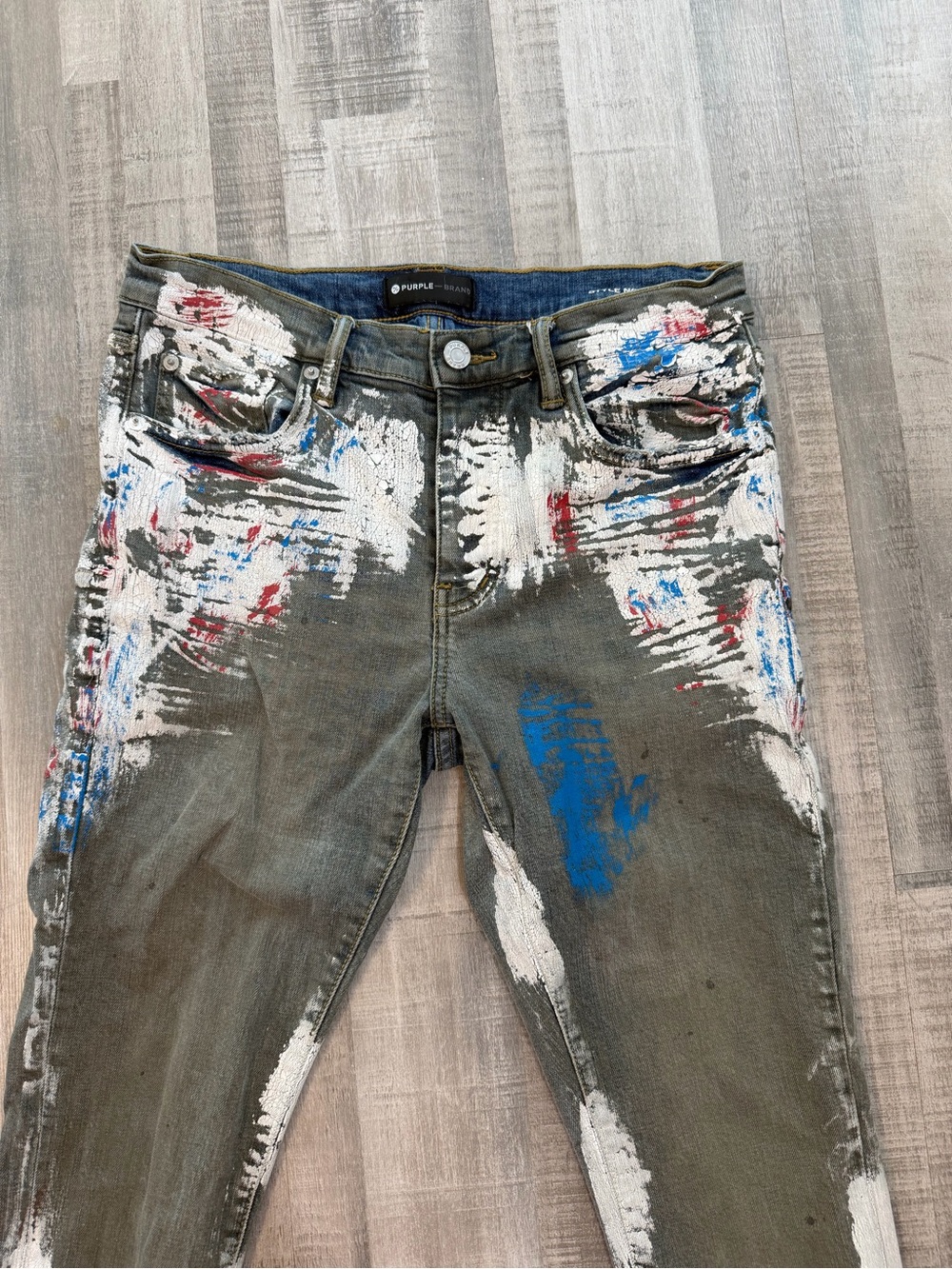 PURPLE BRAND P001 Jeans Mens Slim Skinny Low Rise Tricolor Crackle Paint Denim